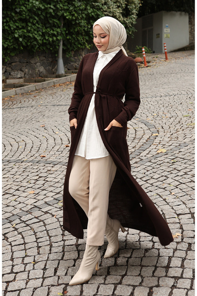 sefamerve Πλεκτό κοτλέ Μακριά Ζακέτα 0030-02 Καφέ