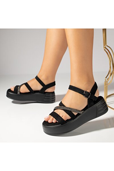 BMoD Women's black suede sandals with platform and rhinestones MOD13849