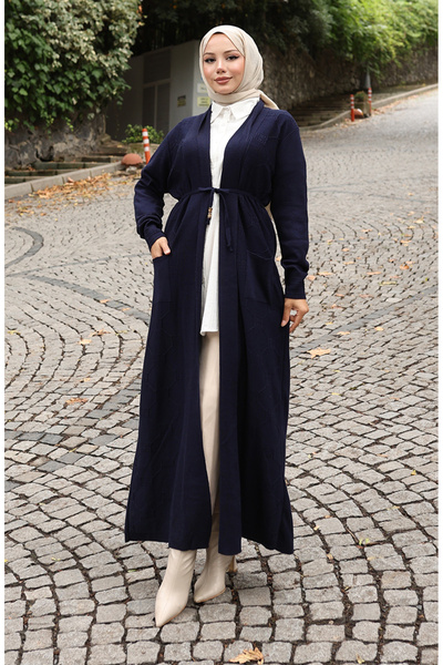 sefamerve Πλεκτό κοτλέ Μακριά Ζακέτα 0030-03 Ναυτικό Μπλε