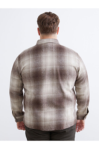 LC Waikiki Καφέ Regular Fit Μακρυμάνικο Καρό Ανδρικό Πουκάμισο Μπουφάν