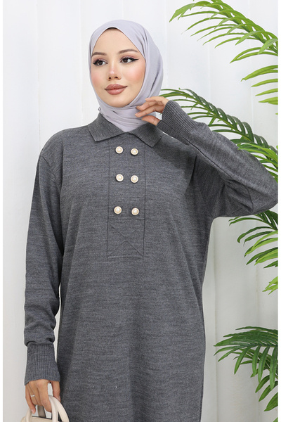 sefamerve Triko Polo Yaka Düğme Detaylı Elbise 0007-02 Antrasit