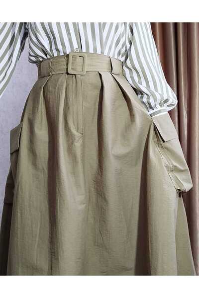 MD trend Haki Renkli Kemerli Kargo Cepli Uzun Etek