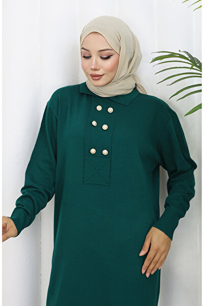 sefamerve Πλεκτό φόρεμα με λαιμόκοψη πόλο με λεπτομέρεια με κουμπιά 0007-03 Petrol