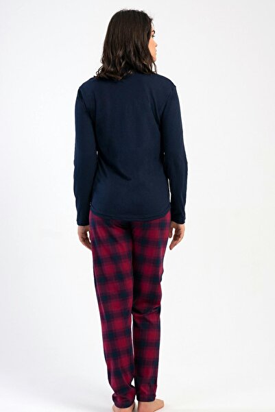 VİENETTA Kadın Lacivert Uzun Kollu Bisiklet Yaka Ekose Desenli Alt Pamuklu Pijama Takımı C7T3N1305