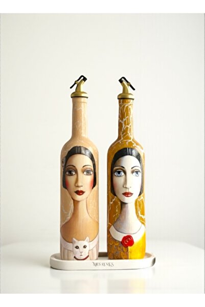 Mes Reves 750 ml Handmade Cracked Patterned Glass Oil Pot Set – with Cat Figure, Kitchen Decor