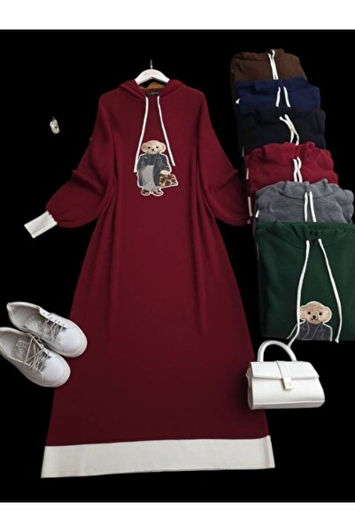 ŞAHİN TESETTÜR GİYİM KAPŞONLU AYICIKLI DOKUMA TRİKO ELBİSE 8140