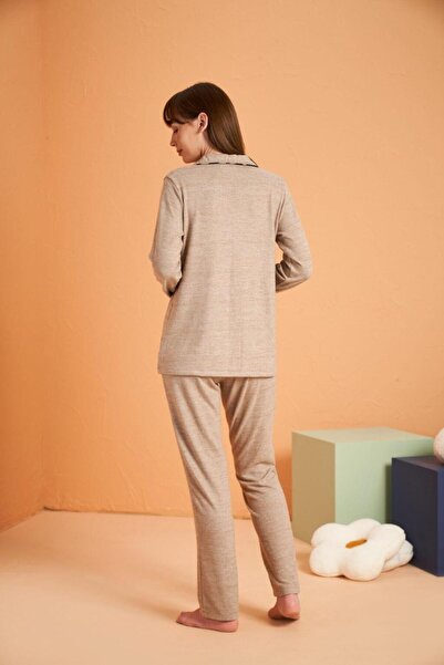 PJS Women's Brown Buttoned Pajama Set 28036