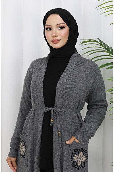 sefamerve Πλεκτό Κέντημα Μακριά Ζακέτα 0022-06 Ανθρακίτη