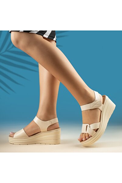 BMoD Women's beige sandals with platform and velcro closure MOD13844