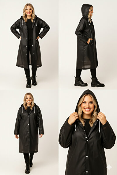 Sibel Günay Butik Unisex Waterproof Hooded Black Raincoat | Height 120 cm – Chest 70 cm