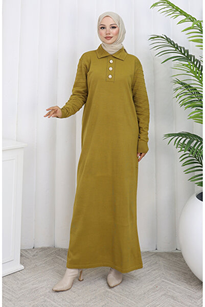 sefamerve Πλεκτό φόρεμα με κουμπιά με λαιμόκοψη πόλο 1141-08 Πράσινο λαδί