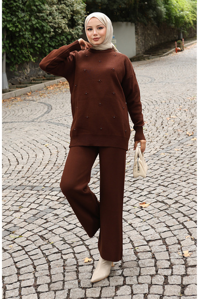 sefamerve Triko Taş Detaylı Kazak Pantolon İkili Takım 0019-03 Kahverengi