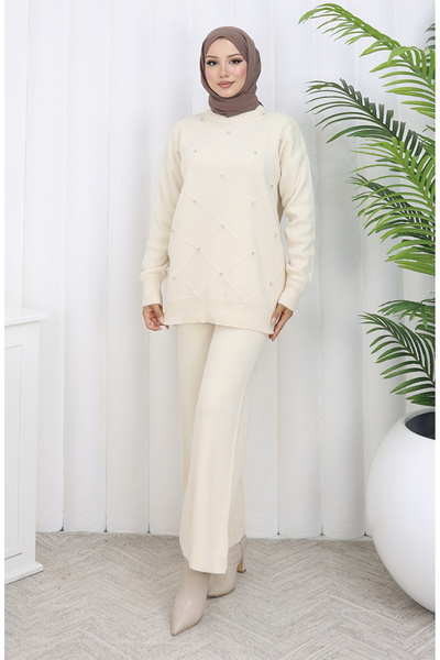 sefamerve Triko Baklava Desenli Taşlı Kazak Pantolon İkili Takım 0018-05 Bej