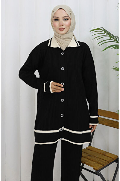 sefamerve Knitwear Polo Neck Buttoned Tunic Trousers Double Suit 1108-08 Black