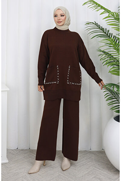 sefamerve Triko Cepli İncili Tunik Pantolon İkili Takım 1070-02 Kahverengi