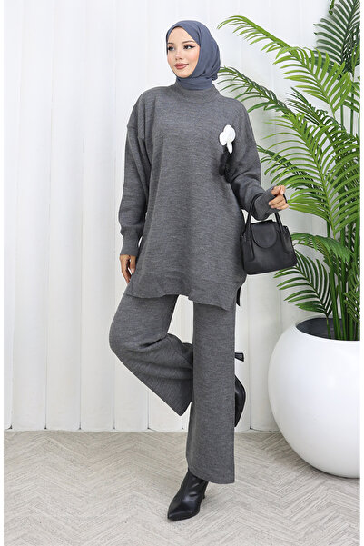 sefamerve Knitwear Turtleneck Tunic Trousers Double Suit 1015-03 Gray