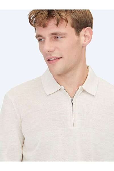 Kip Bej Polo Yaka Jakarlı Yün Karışımlı Triko Kazak