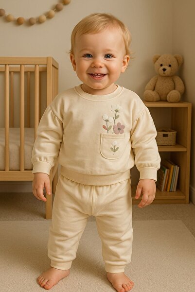 Luna Kids Store طقم بدلة رياضية من القطن بنسبة 100% مزين بالكشكشة على شكل زهر...