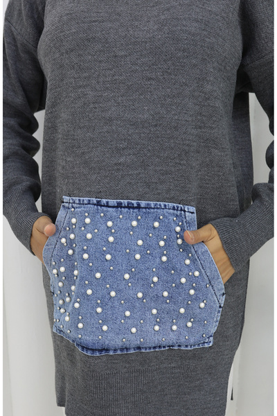 sefamerve Knitwear Kangaroo Pocket Pearl Detailed Tunic 3030-03 Gray