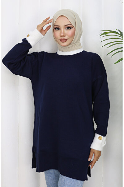 sefamerve Triko Kolu Düğme Detaylı Garnili Tunik 3000-05 Lacivert