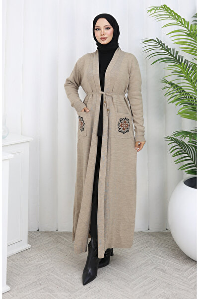 sefamerve Πλεκτό Κεντητό Μακρύ Ζακέτα 0022-02 Μπεζ