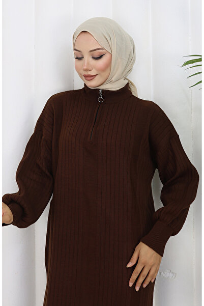 sefamerve Tricotaj material reiat Rochie cu fermoar 0005-04 Maro