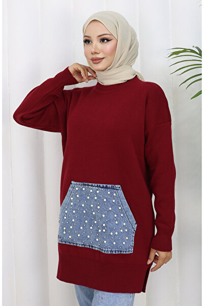 sefamerve Strickwaren Tunika mit Kängurutasche und Perlendetail 3030-08 Weinrot