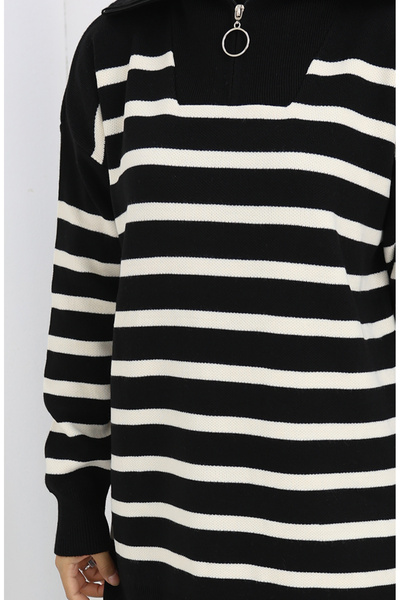 sefamerve Knitted turtleneck striped tunic pants two-piece set 1107-07 black