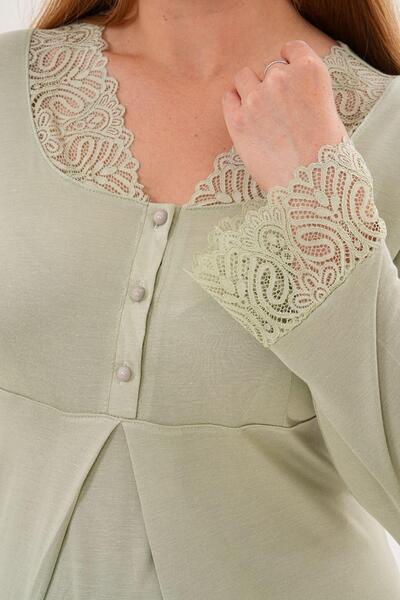 Mecit Pijama Νυχτικό εγκυμοσύνης με μακρύ μανίκι, ανοιγόμενο με κουμπιά, δαντέλα