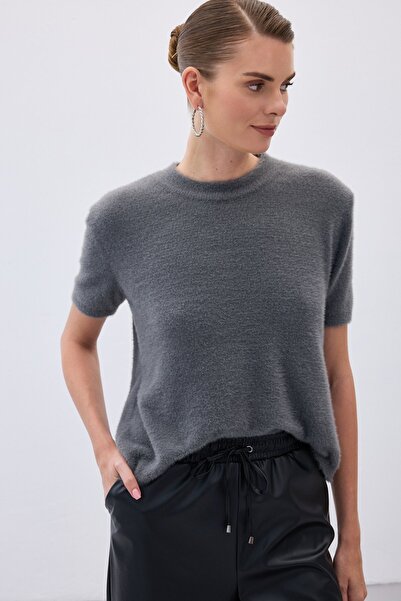 Sateen Sakallı Kısa Kol Triko - Antrasit