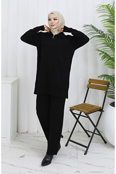sefamerve Knitwear Zippered Striped Tunic Trousers Double Set 1073-01 Black