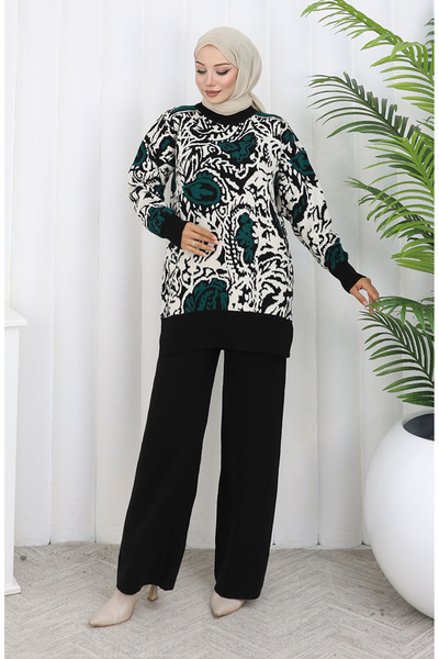 sefamerve Knitwear Paneled Tunic Trousers Double Suit 1060-04 Petrol