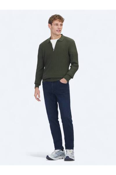 Kip Haki Polo Yaka Jakarlı Yün Karışımlı Triko Kazak