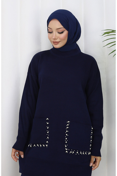 sefamerve Knitwear Pocketed Pearl Tunic Trousers Double Suit 1070-04 Navy Blue