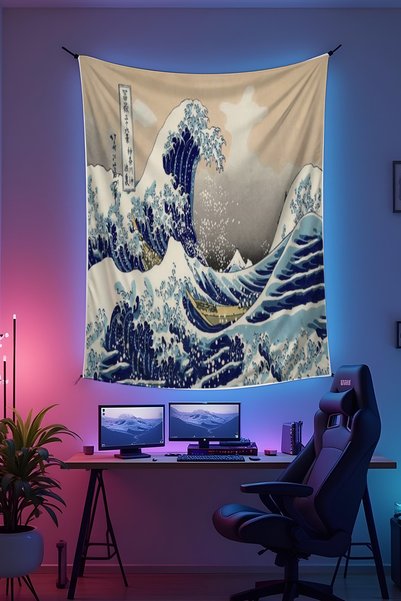 Halura Great Wave and Starry Night Wall Hanging – High-Quality Fabric, Room Decor Tapestry Wall Carpet