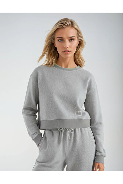 Bisiklet Yaka Basic Düz Gri Sweatshirt