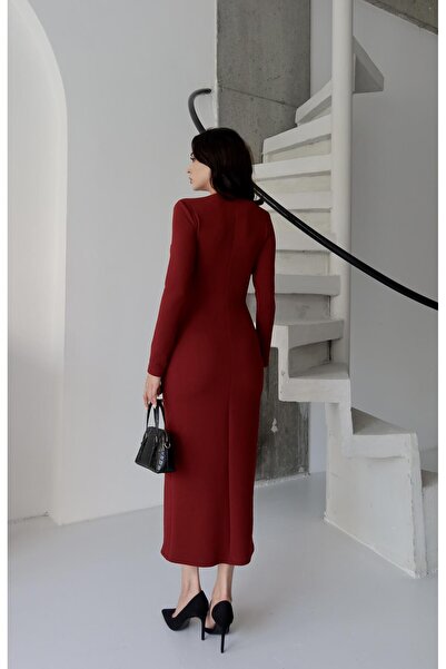 Serica Moda Burgundy Buttoned Dress with Elastic Waistband Detail