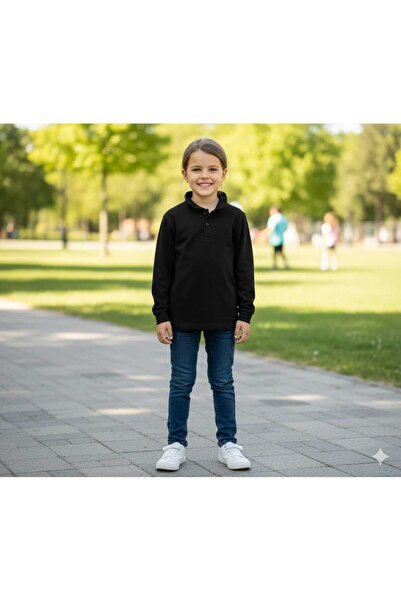 ZACHARIUZ Унисекс детска поло блуза с дълъг ръкав, черна, с висока яка