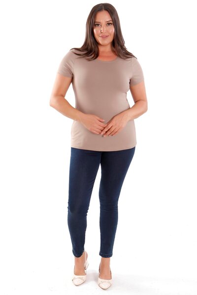 SERTUĞ Trend42Plus Plus Size Crew Neck Basic Mink Blouse