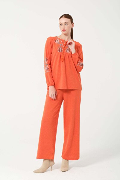Hatun Atila Hatunatila Hera Fabric Front and Sleeves Authentic Embroidered Tassel Double Suit 7668 Orange