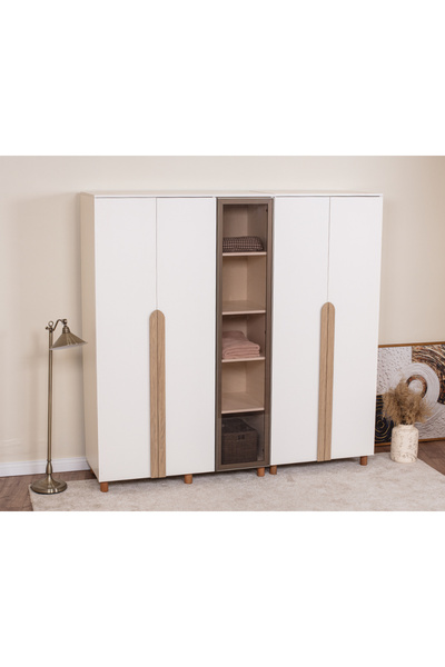 DONACO İtra 5 Kapaklı Gardırop – Krem Gövde, Krem MDFLAM Camlı Kapak