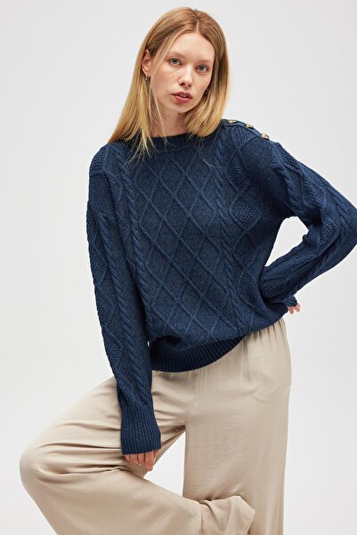 Peraluna Daphne Women's Knit Sweater with Braided Shoulder Buttons - Indigo Melange