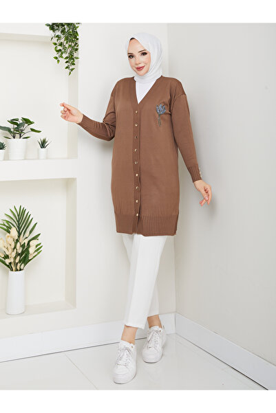 KMKkombin Women's Long Sleeve Knit Cardigan with Stone Detail on the Chest and Buttons