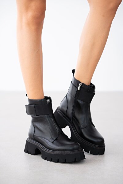 selinshoes Γυναικείες μπότες Dorelle από γνήσιο δέρμα με λεπτομέρεια με διπλό φερμουάρ- ΜΑΥΡΟ