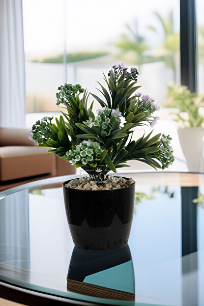 Yapay Çiçek Deposu Siyah Saksıda Yapay Defne Bitki Lila 28 cm