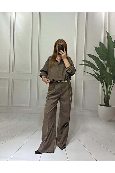 Pulli Collection Kahve Oversize Gömlek ve Yüksek Bel Kumaş Pantolon Takım
