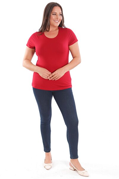 SERTUĞ Trend42Plus Plus Size Crew Neck Basic Burgundy Blouse