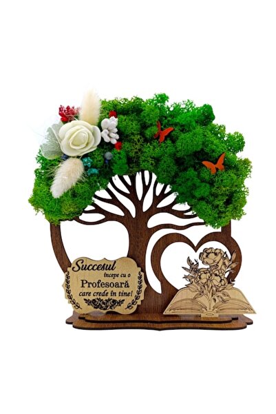 OEM Copacul vieții/inimă din lemn cu licheni pentru profesoara – 20 cm