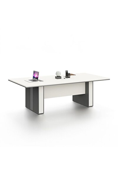 Danube Home Skive Grey/White Meeting Table - Modern Conference Desk with Cord...