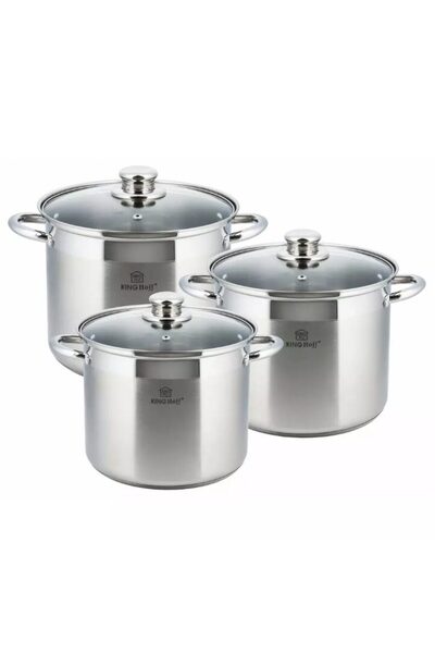 Kinghoff Set 3 oale din inox, cu capac sticla, 11.1l, 13.5l, 16.2l,